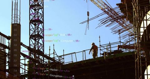 Construction Worker Walking on Scaffold with Crane Hook and Digital Code Overlay