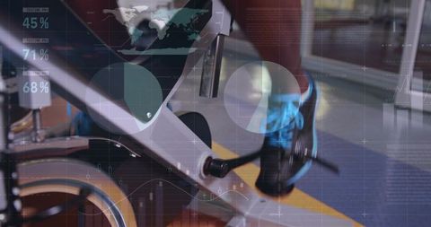 Pedaling indoor bike with athletic shoe and hud performance overlays for cycling training