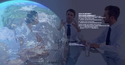 Tech Professionals Collaborating with Digital Globe Interface