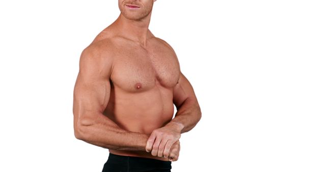 Muscular man exhibiting defined arm and chest muscles, suitable for fitness and bodybuilding promotions. Useful for workout guides, strength training illustrations, health and exercise advertisements, fitness blog visuals, gym promotions and inspirational quote backdrops.