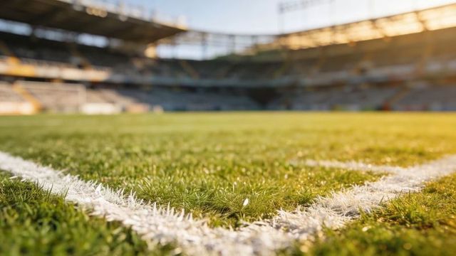 Close-up sunlit soccer pitch corner with dewy grass and painted boundary line, golden hour
