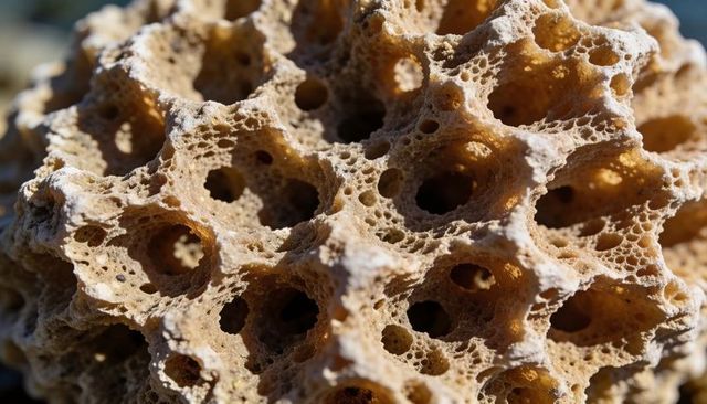 Macro porous coastal rock revealing honeycomb cavities and sandy grit, sponge-like texture