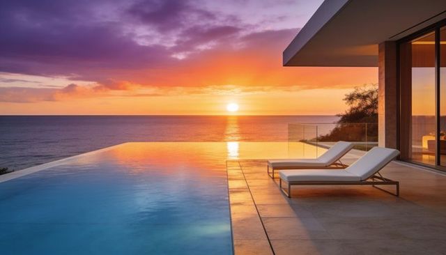 Infinity pool sunset over ocean at modern villa terrace with two white loungers