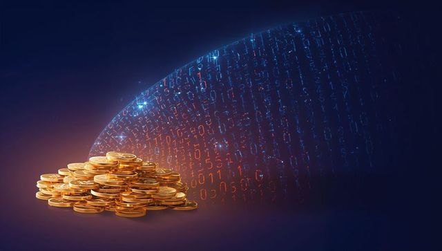 Gold coin pile with flowing binary data representing digital wealth and cryptocurrency concept