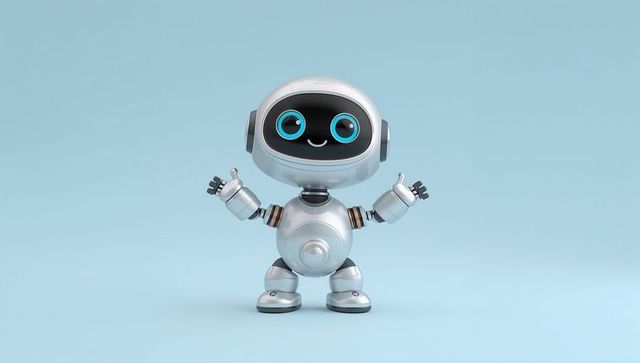 Friendly silver robot waving with smiling digital eyes on pastel blue background cute toy