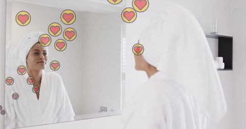 Woman enjoying self-care in modern bathroom with social media elements