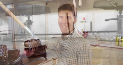 Surreal Double Exposure: Man Blending Work with Elevated Passion