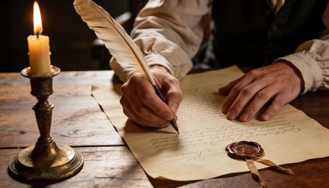 Writing historic parchment by candlelight with quill pen, wax seal and vintage candlestick