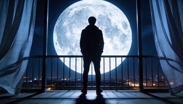 Standing silhouette on balcony facing giant full moon over urban nightscape, solitude