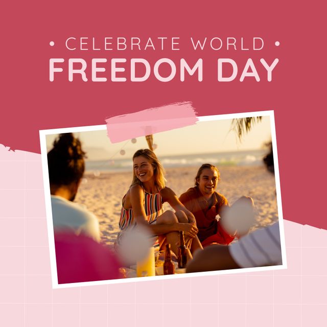 Happy caucasian young friends hanging out at beach with celebrate world freedom day text in frame. Copy space, digital composite, celebration, victory over communism, holiday, freedom.