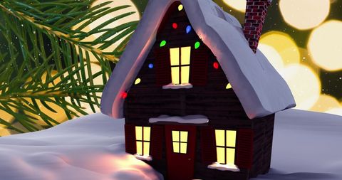 Cozy Snow-Covered Cabin with Christmas Lights - Download Free Stock Images Pikwizard.com