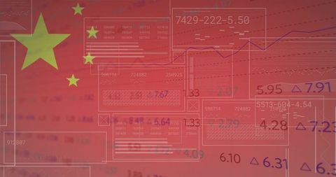 Chinese flag overlaying stock market data visualization with financial charts and analytics