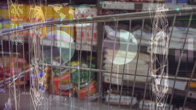 Illustration displays financial data and statistics overlaying shopping cart in grocery store. Perfect for business, economic studies, market research visuals, retail analytics showcases, and financial service promotions highlighting impacts of digital interfaces on shopping habits.