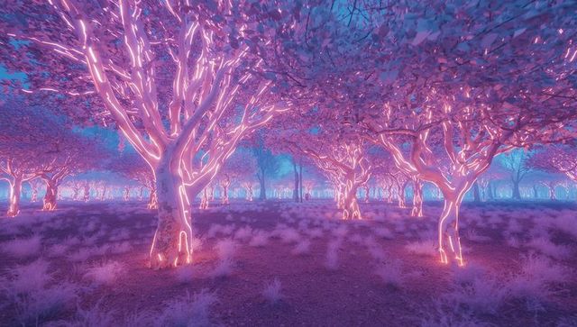 Enchanted Neon-Pink Glade with Glowing Foliage