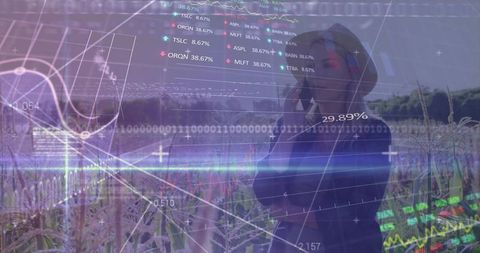 Woman farmer using smartphone with augmented data overlay for crop monitoring and analytics