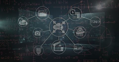 This image shows an abstract representation of technology and network concepts, featuring interconnected icons overlaid on a background of complex mathematical equations. It symbolizes global computing, data analysis, programming, and cybersecurity themes. This visual is ideal for use in tech-oriented articles, promotional materials for software development firms, or educational content on digital interfaces and modern computing systems.