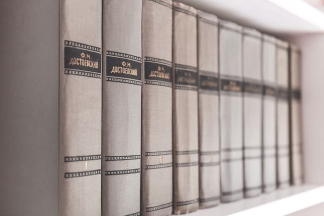 Close-up view of classic literature books by Dostoevsky arranged neatly on a shelf. Ideal for content related to literature, classic novels, education, libraries, and reading.