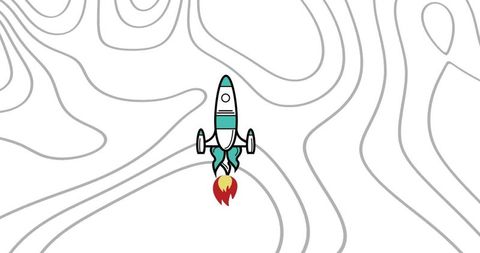 Teal rocket launching over minimalist topographic lines with red flame trail