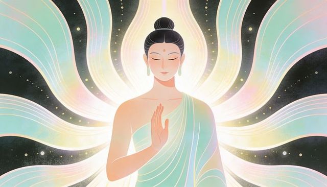 Serene spiritual woman raising hand in radiant pastel aura with flowing halo ribbons