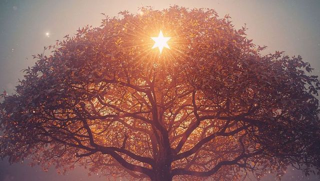 Mystical Tree with Radiant Star Illuminating Misty Elsewhere