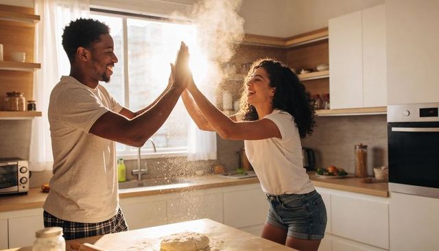 Couple high-fiving while baking together, flour exploding over dough in sunlit kitchen
