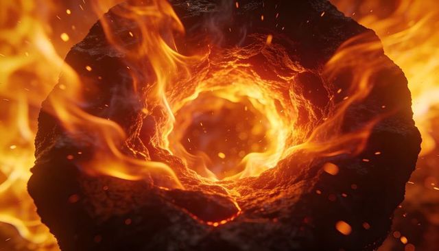 Molten vent pulsing with lava flames and drifting embers in volcanic furnace glow