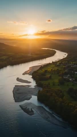 Vertical Drone Following Winding River at Sunset Over Sandbars Farmland Valley