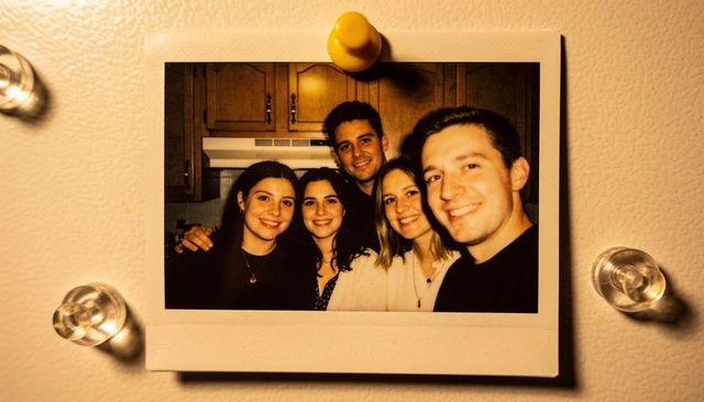 Polaroid memory of friends gathering in cozy kitchen on refrigerator with yellow magnet