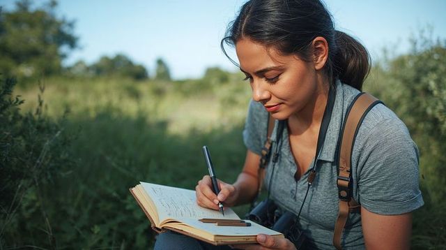 Young woman writing birdwatching field notes in notebook at sunlit meadow with binoculars