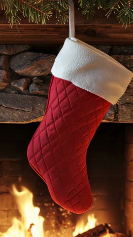 Vertical video moving closer to red quilted stocking hanging on mantel with roaring fireplace glow