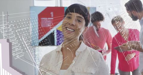 Smiling Businesswoman in Futuristic Office with Holographic Displays