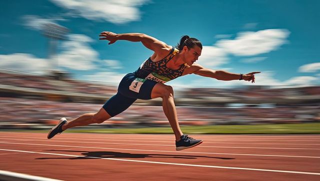 Female sprinter powering toward finish line on red track at stadium, speed and focus