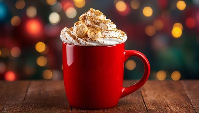 Festive red mug topped with cream and cookies