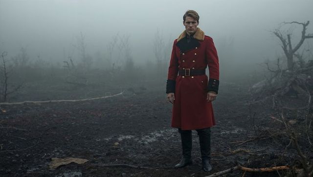 Officer in Red Coat Standing in Foggy Wilderness
