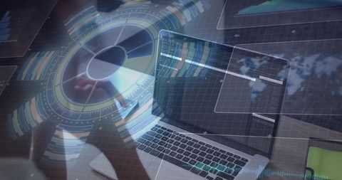 Typing hands on laptop with holographic data interface, futuristic hud and mobile device