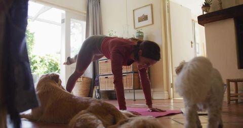 Woman Practicing Yoga with Dogs in Bright Living Room