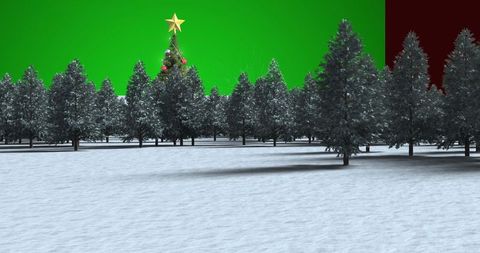 Magical christmas tree in snowy forest with colorful backdrop