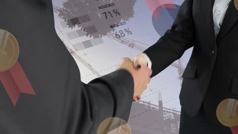 Business Partnership Handshake with Graphic Overlay and Data Analysis
