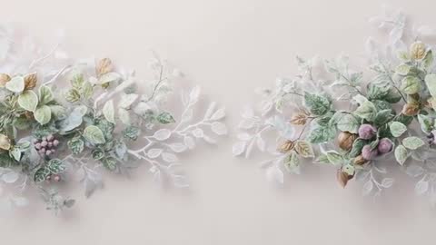 Drifting pastel foliage clusters forming mirrored garland across pale neutral backdrop