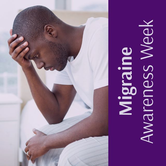 Migraine awareness week text in white on purple with african american man holding forehead in pain. Migraine, headaches, medical and health management awareness campaign, digitally generated image.