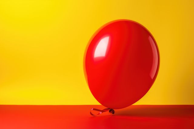 Red party balloon on yellow and red background, copy space, created using generative ai technology. Celebration and party time, digitally generated image.