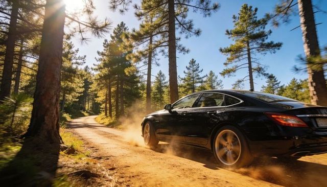 Black luxury sedan speeding on dusty pine forest road at golden hour, motion and outdoor adventure