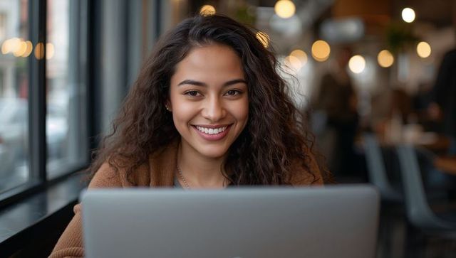 Smiling Woman Working on Laptop in Cozy Urban Cafe