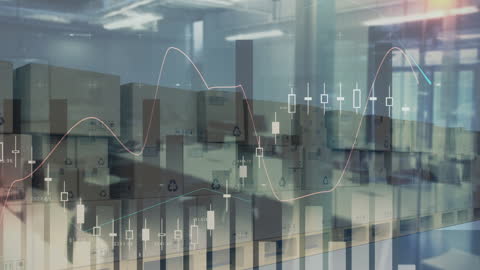 Digital Financial Graphs Over Warehouse Background Illustrating Global Logistics Trends