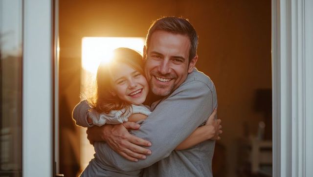 Dad hugging daughter in sunlit doorway at golden hour smiling in warm close family moment
