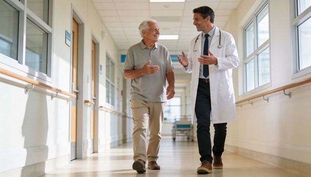 Physician walking with senior patient in bright hospital corridor during follow-up visit