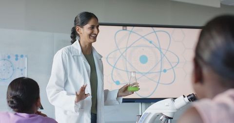 Female Teacher Demonstrating Experiment with Students in Science Lab