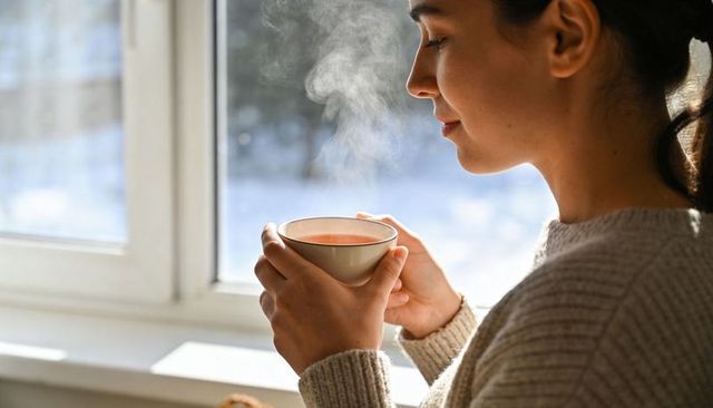 Cozy winter morning woman cradling steaming tea cup by frosted window, serene backlit
