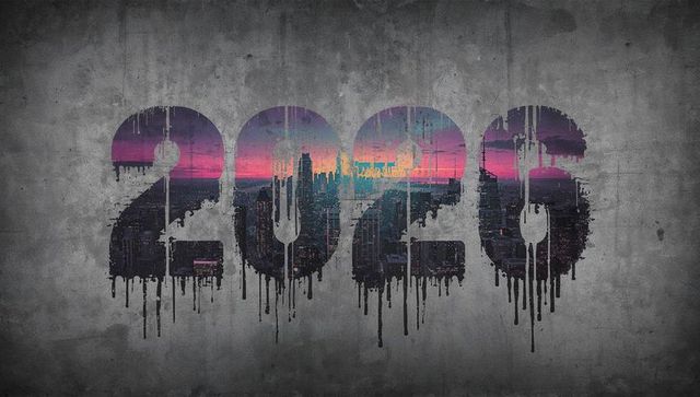2026 Dripping Skyline Mural Featuring Magenta Teal Sunset on Worn Concrete Urban Grunge