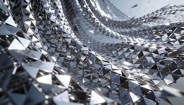 Curving metallic tessellated mesh reflecting chrome facets and rivet nodes in wave pattern